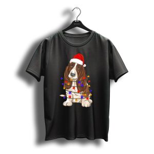 Basset Hound Santa Hat Wrapped In Christmas Lights T-Shirt
