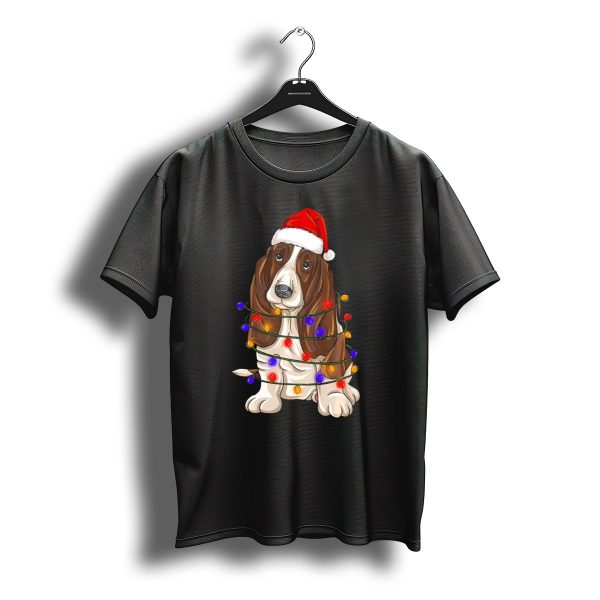Basset Hound Santa Hat Wrapped In Christmas Lights T Shirt t shirt 1