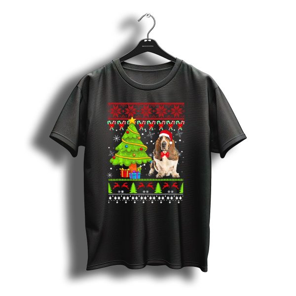 Basset Hound Ugly Christmas Tree Santa Hat Snowflakes Reindeers T Shirt t shirt 1