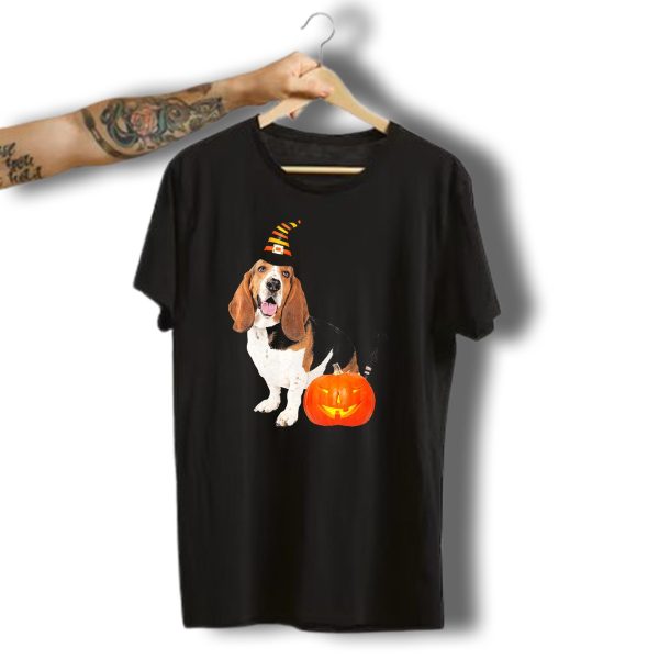 Basset Hound Witch Hat Halloween Dog Costume Pumpkin T Shirt t shirt 1