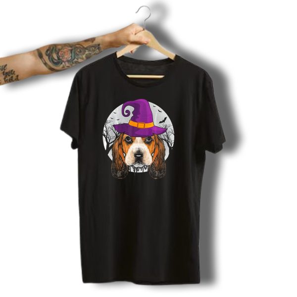 Basset Hound Witch With Purple Hat Funny Halloween Dog Moon Bats Trees T Shirt t shirt 1