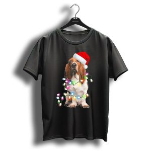 Basset Hound With Santa Hat And Colorful Christmas Lights T Shirt