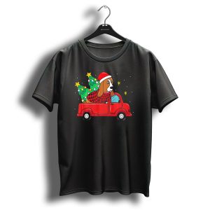 Basset Hound With Santa Hat In Red Truck With Christmas Trees T Shirt