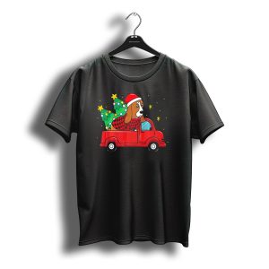 Basset Hound With Santa Hat In Red Truck With Christmas Trees T-Shirt