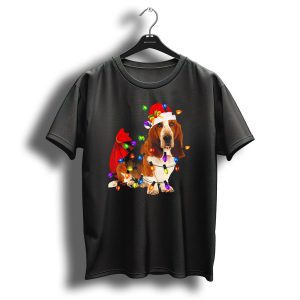 Basset Hound Wrapped In Christmas Lights With Santa Hat And Red Sack T Shirt