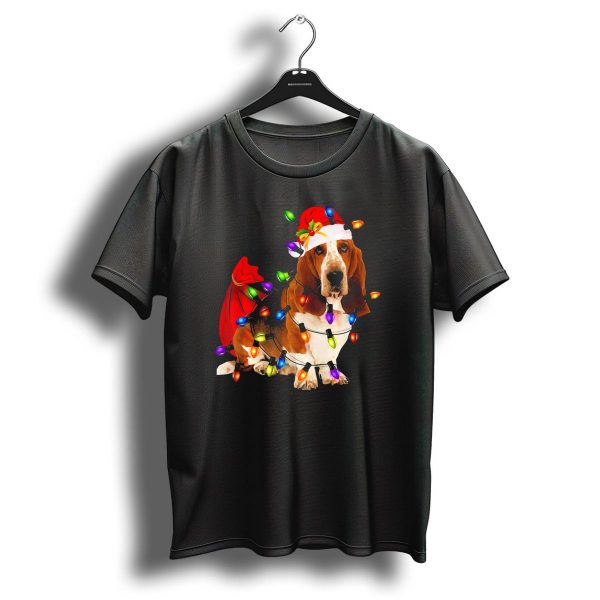 Basset Hound Wrapped In Christmas Lights With Santa Hat And Red Sack T Shirt 1 t shirt 1