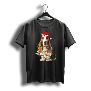 Basset Hound Wrapped In Christmas Lights With Santa Hat T-Shirt