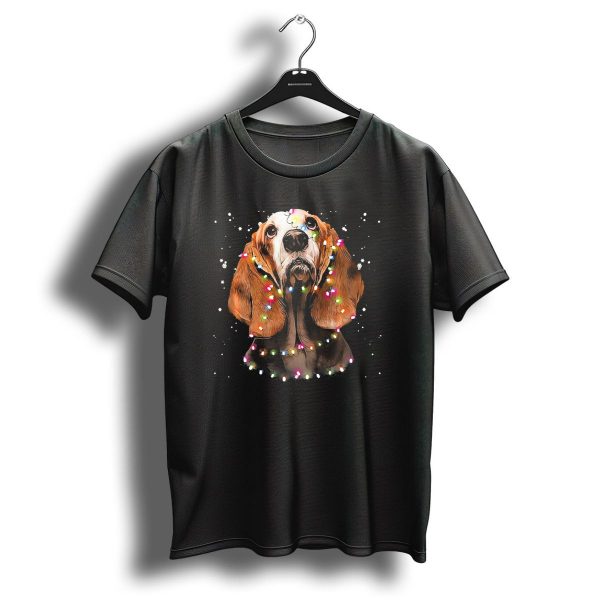 Basset Hound Wrapped In Colorful Christmas Lights T Shirt 1 t shirt 1