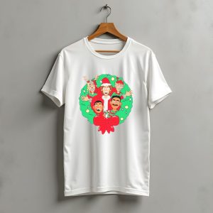 Baylen Levine Christmas Cartoon Characters In Holiday Wreath With Bow And Santa Hat T-Shirt