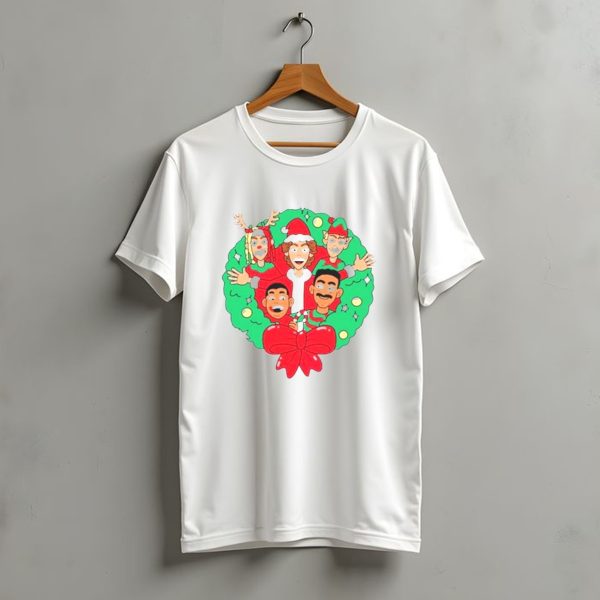 Baylen Levine Christmas Cartoon Characters In Holiday Wreath With Bow And Santa Hat T Shirt t shirt 1 1