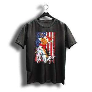 Beagle Christmas Usa Flag With Santa And Reindeer Antlers T-Shirt