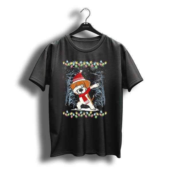 Beagle Dabbing In Santa Hat With Christmas Lights And Snowy Trees T Shirt t shirt 1
