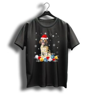 Beagle Dog Santa Hat Wrapped In Christmas Lights Surrounded By Snowflakes And Colorful Baubles T-Shirt