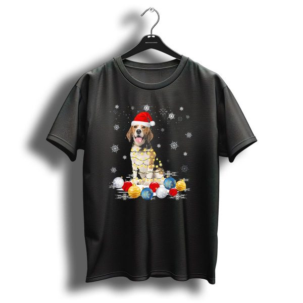 Beagle Dog Santa Hat Wrapped In Christmas Lights Surrounded By Snowflakes And Colorful Baubles T Shirt 1 t shirt 1