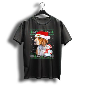 Beagle Dog Ugly Christmas Sweater Funny Puppy In Santa Hat With Snowman And Reindeer T-Shirt