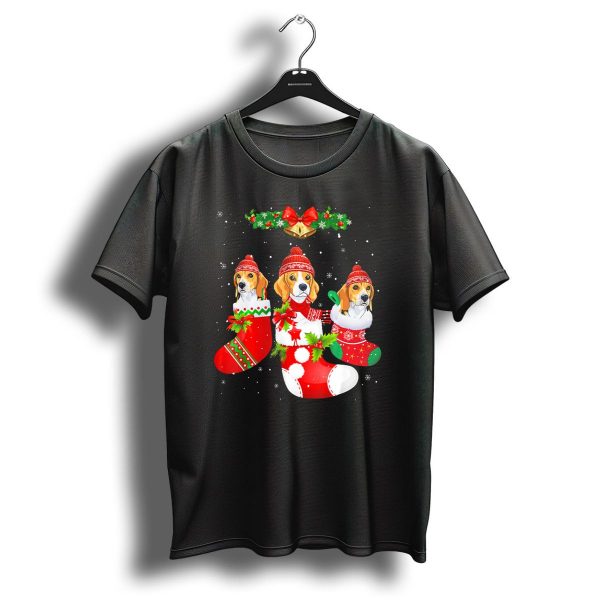 Beagle Dogs In Christmas Stockings With Santa Hats And Festive Decorations T Shirt 1 t shirt 1