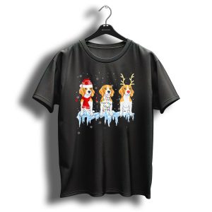 Beagle Dogs With Christmas Hats Lights And Reindeer Antlers On Snowy Ice Background T Shirt