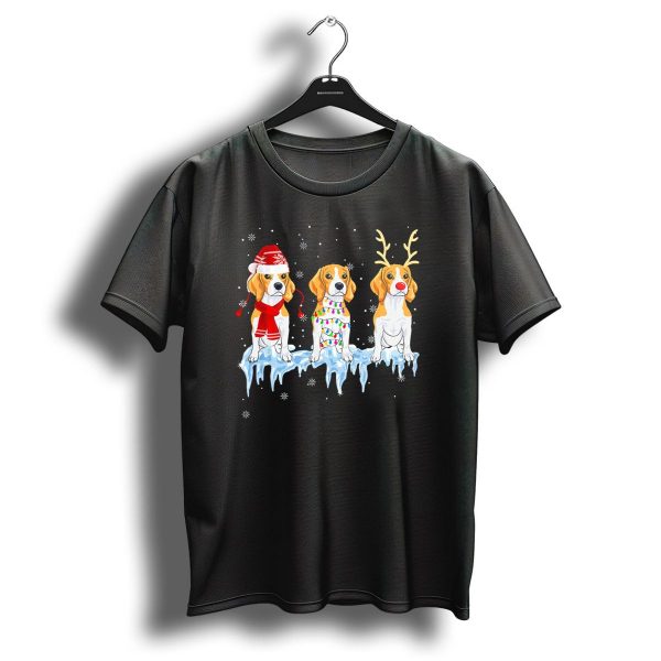 Beagle Dogs With Christmas Hats Lights And Reindeer Antlers On Snowy Ice Background T Shirt 1 t shirt 1