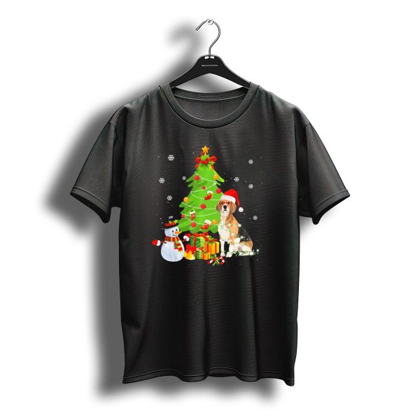 Beagle In Santa Hat With Christmas Tree Snowman And Gifts T Shirt t shirt 1