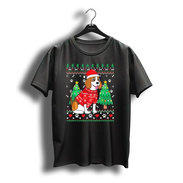 Beagle In Santa Hat With Christmas Trees And Snowflakes T Shirt t shirt 1