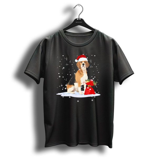 Beagle In Santa Hat With Snowflakes And Red Gift Bag On Christmas Snowy Background T Shirt 1 t shirt 1