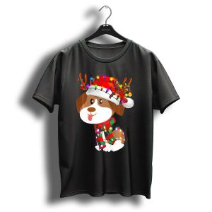 Beagle Puppy Christmas Reindeer With Santa Hat And Colorful Lights T Shirt