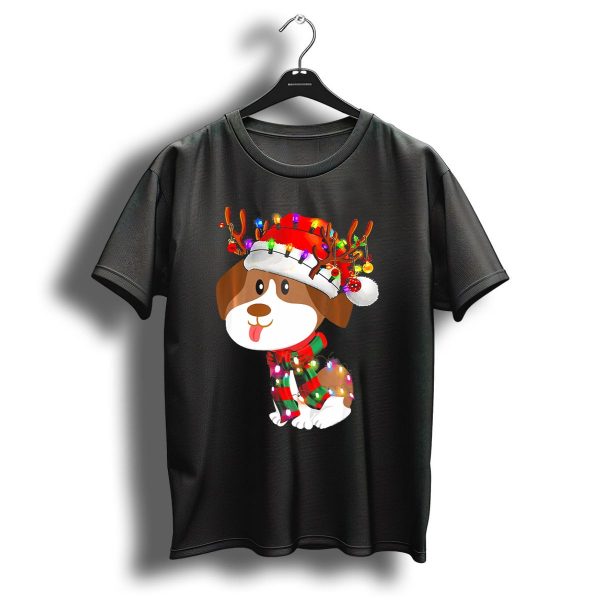 Beagle Puppy Christmas Reindeer With Santa Hat And Colorful Lights T Shirt 1 t shirt 1