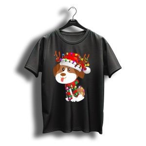 Beagle Puppy Christmas Reindeer With Santa Hat And Colorful Lights T-Shirt