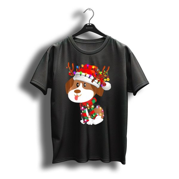 Beagle Puppy Christmas Reindeer With Santa Hat And Colorful Lights T Shirt t shirt 1