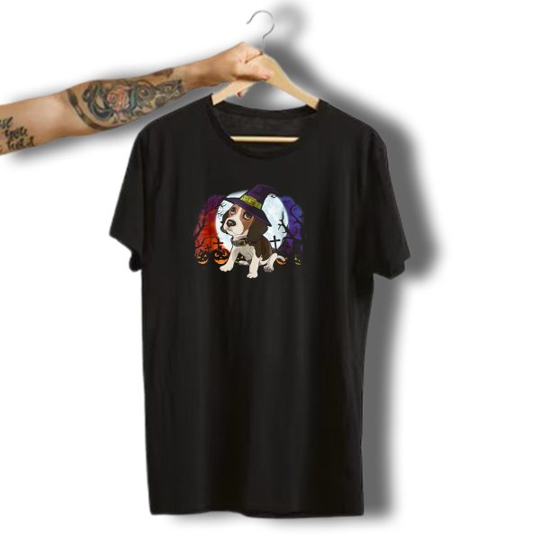 Beagle Puppy In Witch Hat With Pumpkins And Halloween Night Scene T Shirt t shirt 1