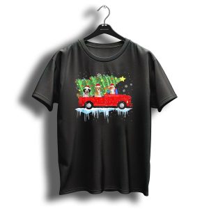 Beagle Riding Red Truck Xmas Merry Christmas With Santa Hats And Christmas Tree T Shirt