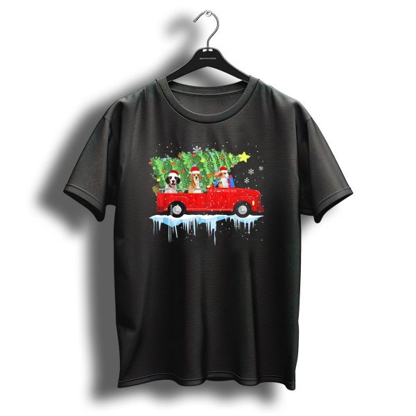 Beagle Riding Red Truck Xmas Merry Christmas With Santa Hats And Christmas Tree T Shirt 1 t shirt 1