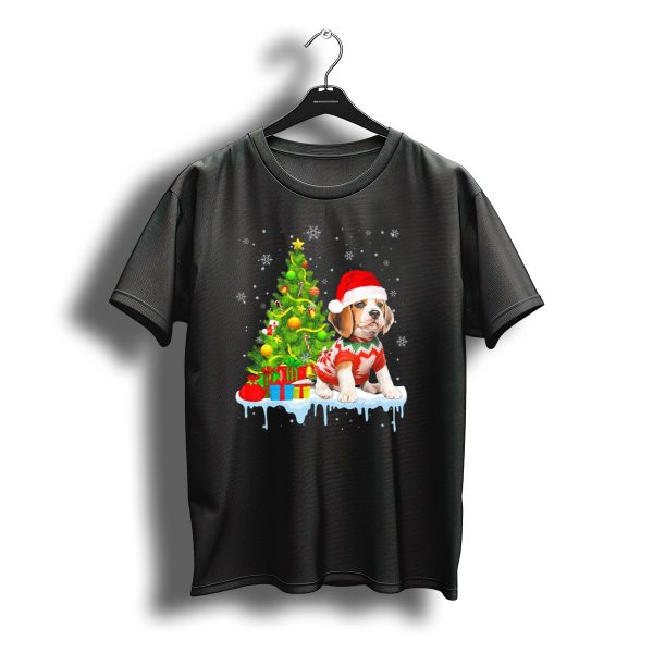 Beagle Santa Hat Christmas Tree Snowflake Holiday Scene T Shirt t shirt 1