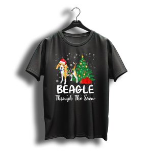 Beagle Through The Snow Christmas Tree Santa Hat Snowflakes T-Shirt