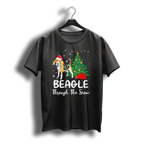 Beagle Through The Snow Christmas Tree Santa Hat Snowflakes T Shirt t shirt 1