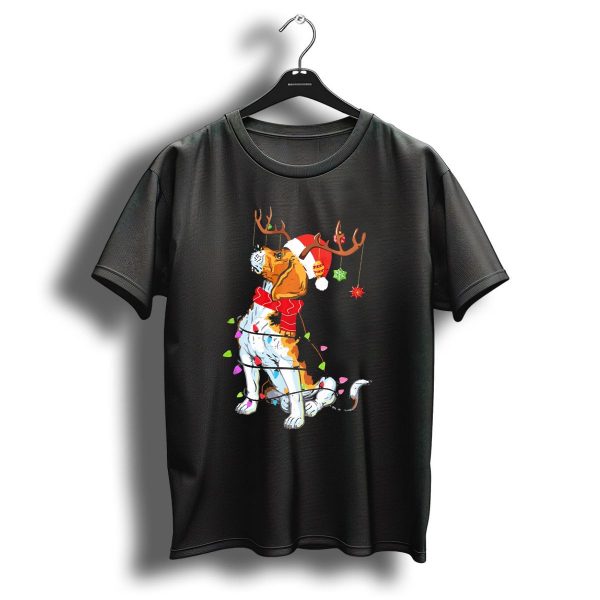 Beagle With Reindeer Antlers Wrapped In Christmas Lights And Santa Hat T Shirt 1 t shirt 1