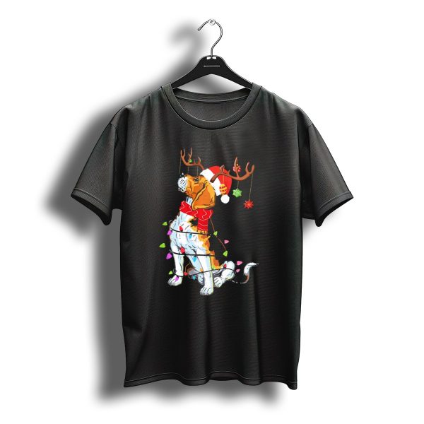 Beagle With Reindeer Antlers Wrapped In Christmas Lights And Santa Hat T Shirt t shirt 1