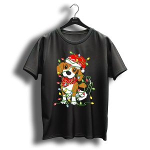 Beagle Wrapped In Christmas Lights Wearing Santa Hat T Shirt