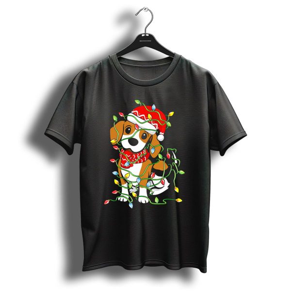 Beagle Wrapped In Christmas Lights Wearing Santa Hat T Shirt 1 t shirt 1