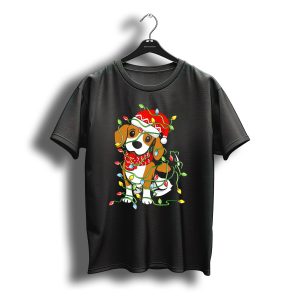 Beagle Wrapped In Christmas Lights Wearing Santa Hat T-Shirt