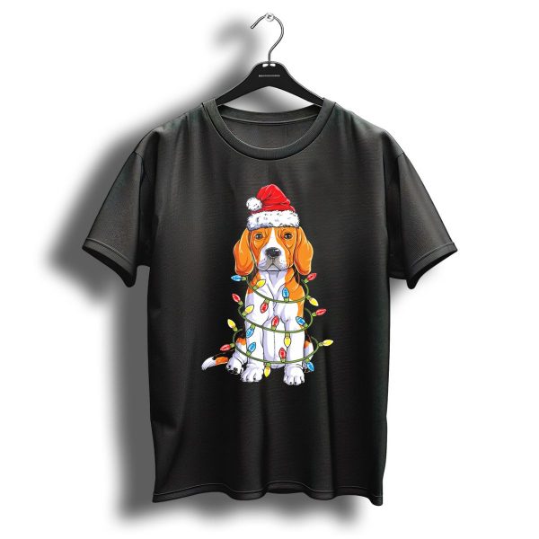 Beagle Wrapped In Christmas Lights With Santa Hat T Shirt 1 t shirt 1