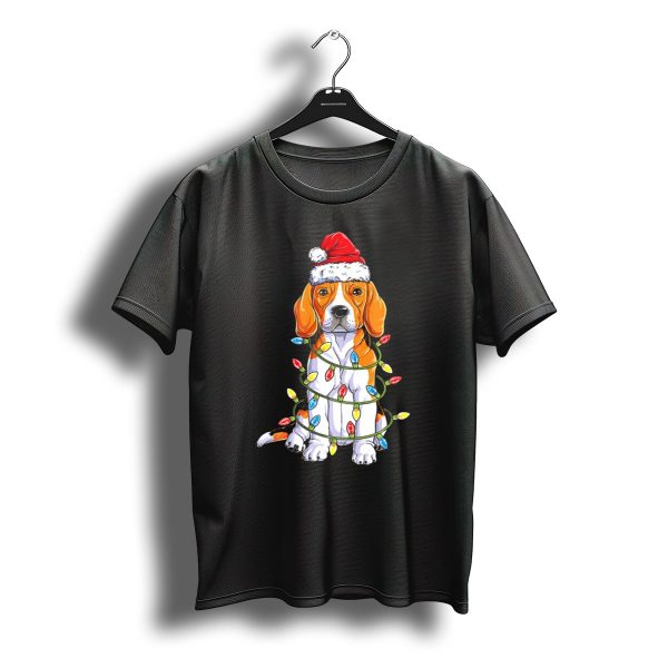 Beagle Wrapped In Christmas Tree Lights With Santa Hat T Shirt t shirt 1