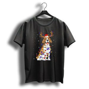 Beagle Wrapped In Colorful Christmas Lights With Reindeer Antlers And Santa Hat In Starry Night T Shirt