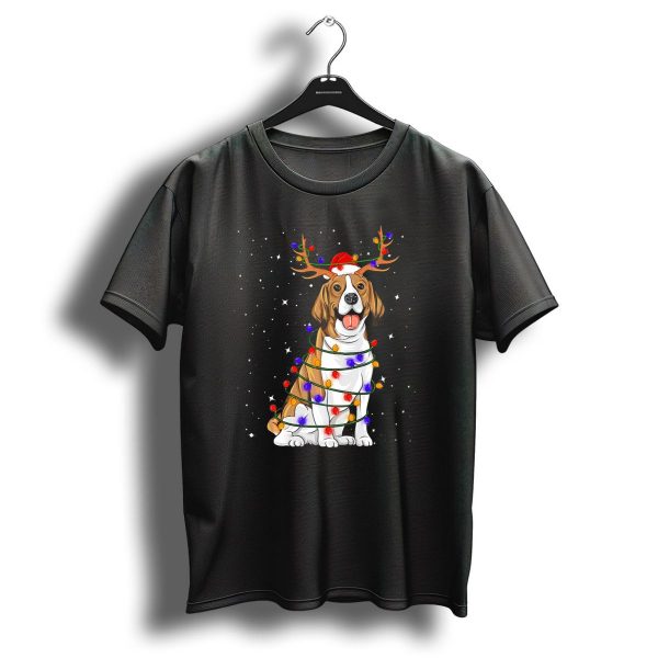Beagle Wrapped In Colorful Christmas Lights With Reindeer Antlers And Santa Hat In Starry Night T Shirt 1 t shirt 1