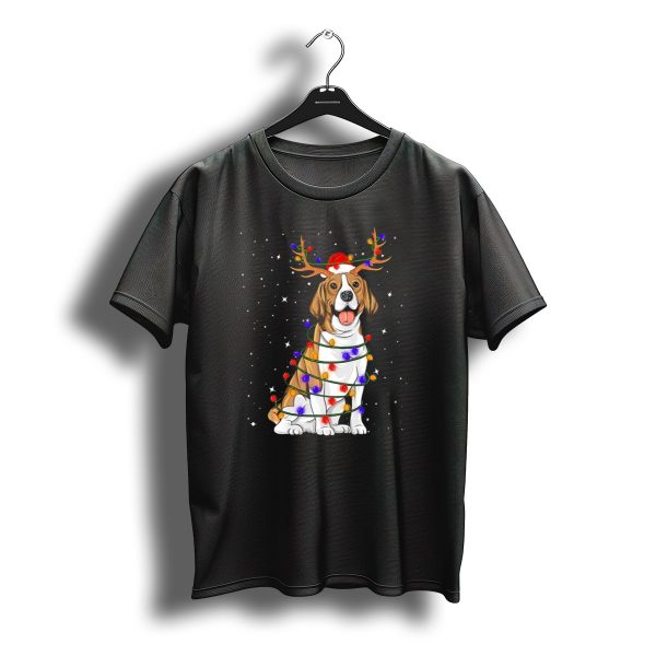 Beagle Wrapped In Colorful Christmas Lights With Reindeer Antlers And Santa Hat T Shirt t shirt 1