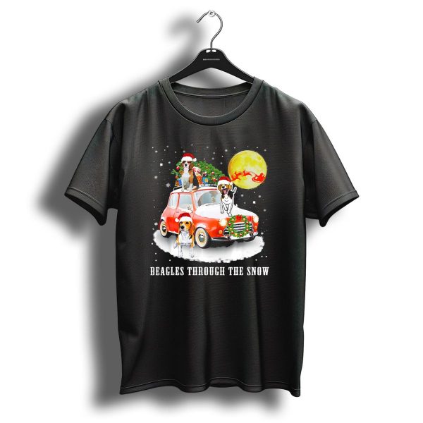 Beagles Through The Snow Santa Hats Christmas Car Moon Sled T Shirt 1 t shirt 1