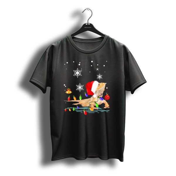Bearded Dragon Santa Hat Christmas Lights Snowflakes T Shirt t shirt 1