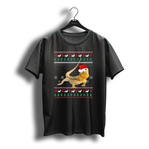 Bearded Dragon Santa Hat Ugly Christmas Sweater Snowflakes Trees Hearts T-Shirt