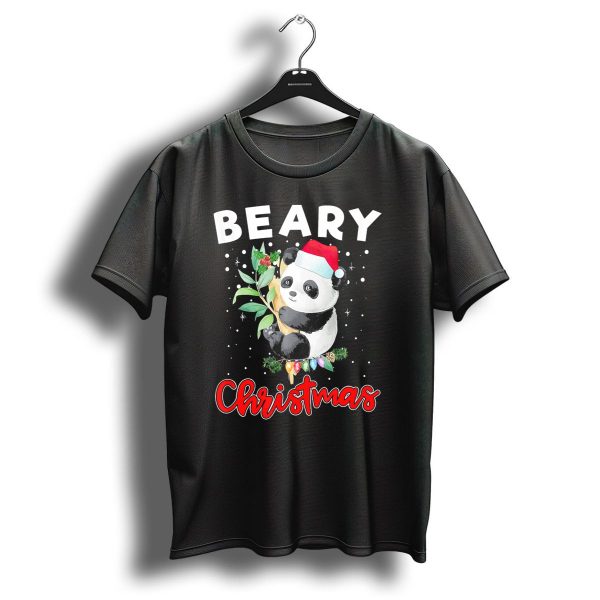 Beary Christmas Panda Bear With Santa Hat And Festive Lights T Shirt 1 t shirt 1