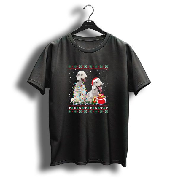 Bedlington Terrier Christmas Lights And Santa Hat In Festive Snowy Holiday Scene T Shirt 1 t shirt 1